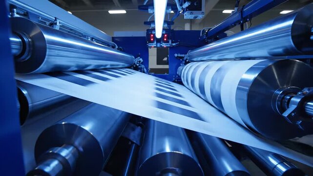 rapid printing machinery, speedy paper production system utilizing polished rollers and steel cylinders, efficient industrial printing line operating at high speed with accurate finishing