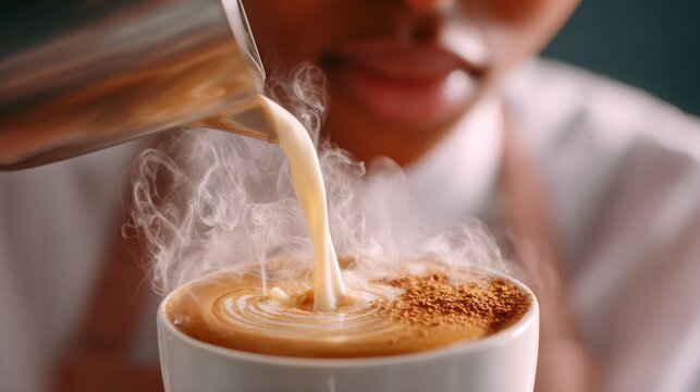 Young black woman barista skillfully pouring steamed milk into a coffee cup, creating a beautiful swirl pattern, showcasing her expertise in crafting beverages with passion and precision