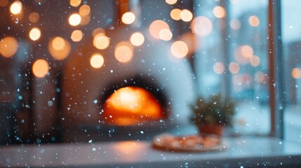 Christmas themed pizzeria background featuring warm bokeh lights and a glowing oven, creating a cozy atmosphere perfect for holiday gatherings and festive dining experiences