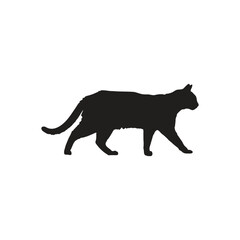 A silhouette of a cat walking to the right on a white background in a simple and clean illustration