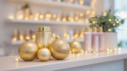Cozy beauty salon adorned with shimmering gold Christmas ornaments, featuring elegant decorations and warm lighting, creating a festive and inviting atmosphere for relaxation and pampering