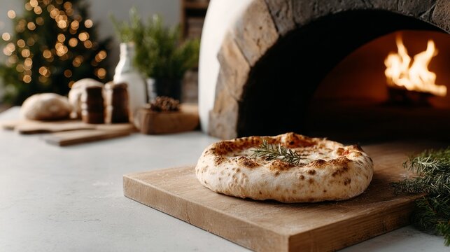 Christmas themed pizzeria scene featuring freshly baked pizza on wooden board, warm bokeh lights in background creating a cozy festive atmosphere