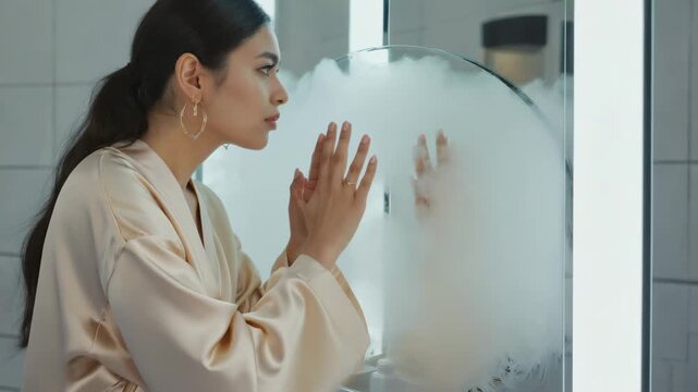 Woman reflects in foggy mirror during self care routine