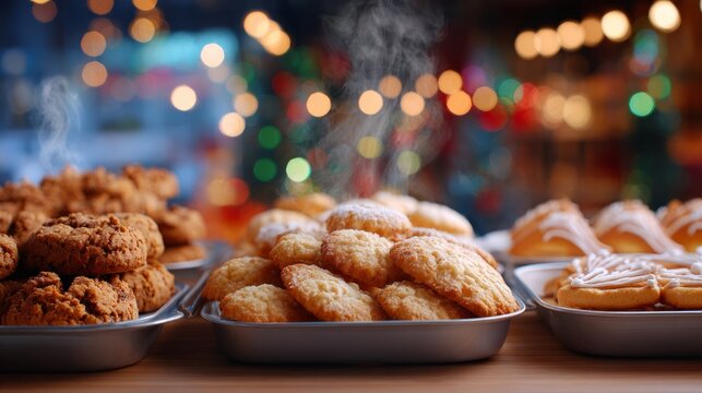 Christmas pastry shop background featuring trays of freshly baked cookies and pastries, with warm ambiance and festive decorations creating a delightful holiday atmosphere