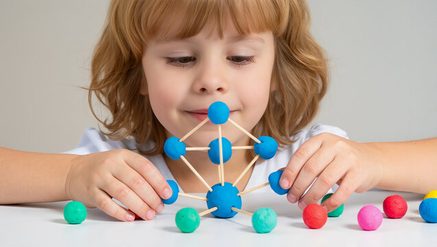 Curious child building colorful geometric structure with modeling clay and wooden sticks for STEM learning