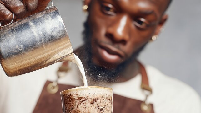Young black man barista skillfully pouring steamed milk into a cup, creating intricate latte art, showcasing expertise in coffee preparation and craftsmanship