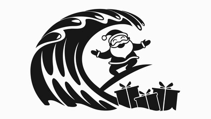 Santa Claus surfing on wave with presents during Christmas season  