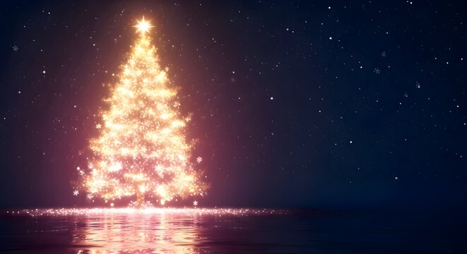 Magical glowing Christmas tree illuminated with warm golden lights against a dark starry night sky