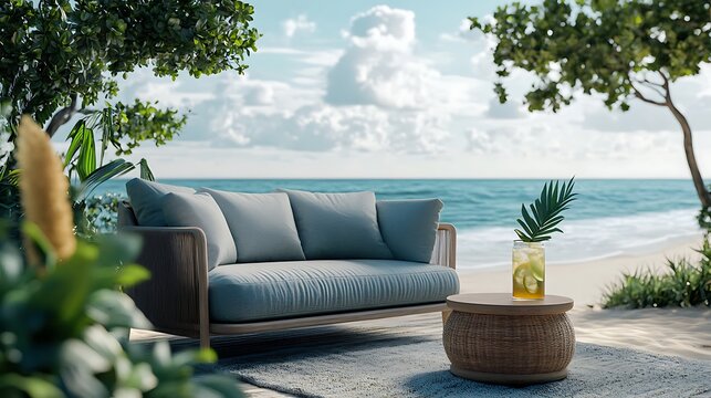 Outdoor sofa with ocean view and drink on table
