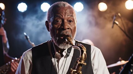 elderly saxophonist on smoky stage delivering soulful jazz solos in intimate club setting with warm backlights, expressive facial emotion, vintage saxophone and backing band silhouettes