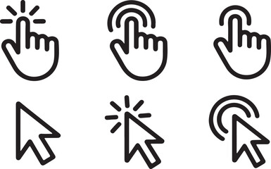 Obraz premium Black outline icons display hand cursor and mouse pointer clicking or selecting, transparent background