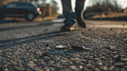 A person walks on a road with car keys lying on the asphalt. The scene captures a moment of loss or forgetfulness.