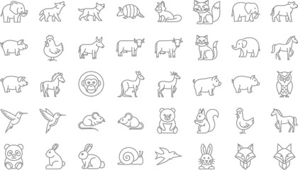 Collection of hand drawn outline illustrations of various farm animals and wildlife in a grid layout
