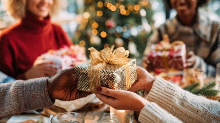 Friends giving gifts to each other while sitting at a table with a Christmas tree in background; holiday concept for Christmas holidays