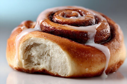 Closeup of fresh baked cinnamon roll with glaze, blurred background	 - Powered by Adobe
