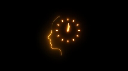 glowing neon Looped animation of human head silhouette with clock inside symbolizing time management, thinking process, psychology, mindfulness, deadline and productivity on transparent background, 4k - Powered by Adobe