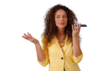 Woman with curly hair talking on speakerphone, gesturing while communicating ideas, transparent background