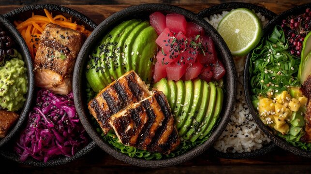 Overhead close-up of colorful, healthy food bowls featuring grilled fish, avocado, tuna poke, vegetables, and rice, perfect for nutrition and wellness.