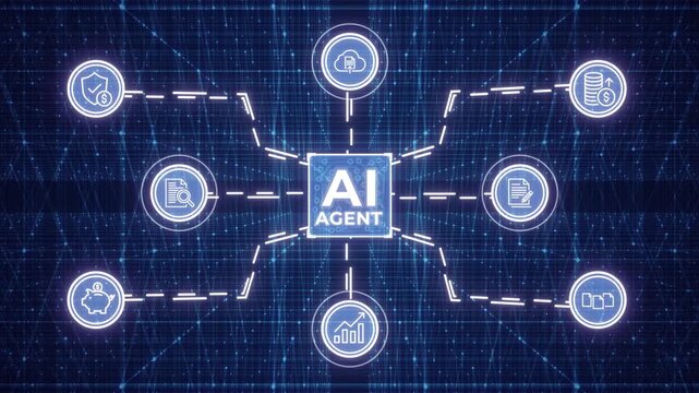 AI agent workflow visual connections to essential digital sectors, highlighting advanced integration and intelligent automation
