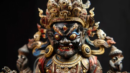 A detailed statue of a fierce deity with multiple arms and a menacing expression. The figure is adorned with intricate jewelry and vibrant colors against a dark background.