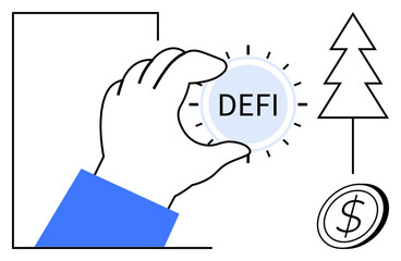 Hand grasping DeFi coin, tree representing growth, and dollar coin highlighting finance. Ideal for cryptocurrency, blockchain, green investment, fintech, economy, innovation and financial literacy