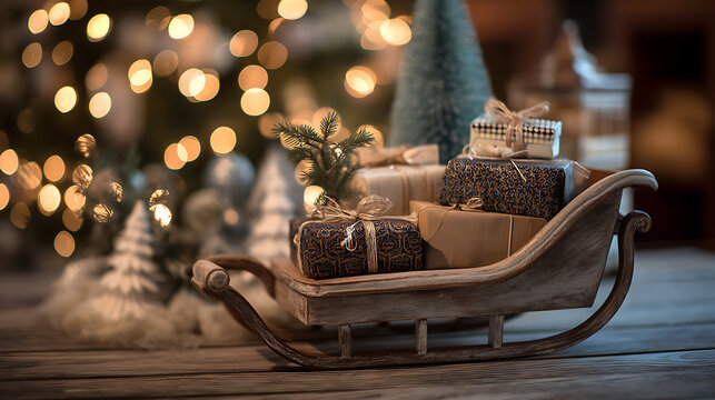 A pile of small gifts hidden inside a vintage wooden sleigh