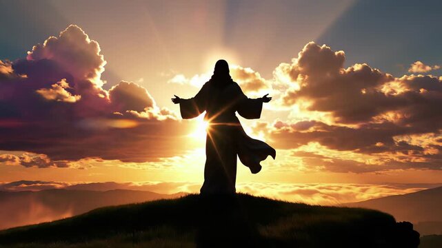 Jesus standing triumphantly on hill with arms outstretched in sunset background, accompanied by loyal dog, embodying faith and perseverance concepts perfect for illustrating spiritual growth or.