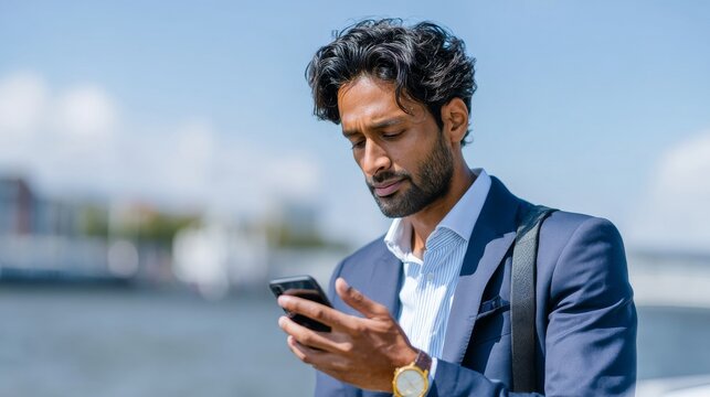 Handsome Indian businessman in a navy suit outdoors, focused intently on his smartphone, representing mobile technology, communication, and modern business.