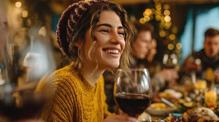 Friends having Christmas dinner at home, celebrating with non-alcoholic red wine, festive and relaxed atmosphere