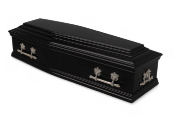 Black wooden coffin with ornate silver handles on transparent background representing death, burial, and funeral concepts