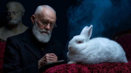 Surreal, vintage-style portrait of an elderly, bearded man in glasses writing notes on a clipboard next to a calm white rabbit on velvet.