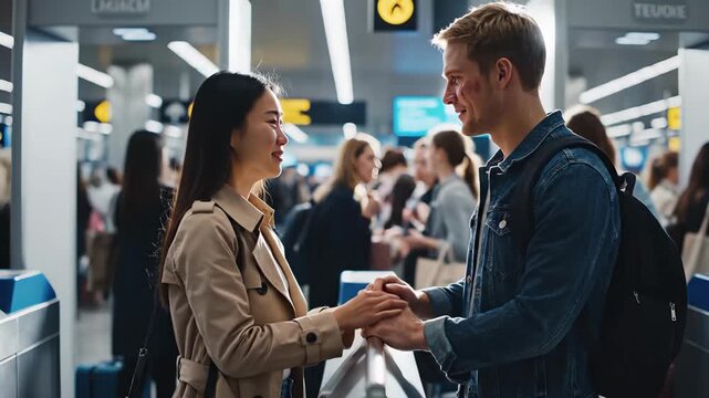 farewell at airport, emotional goodbye before departure, lovers sharing tears and embrace before flying away, emotional farewell as couple exchanges warm hugs amidst bustling airport crowd