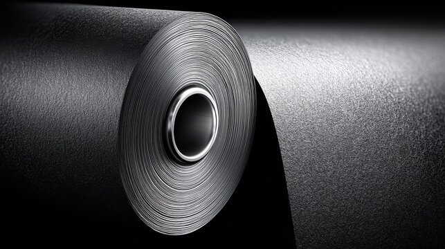 Abstract, dark macro image of a roll of textured, black wallpaper or vinyl against a dark background, showing the concentric layers and central core.