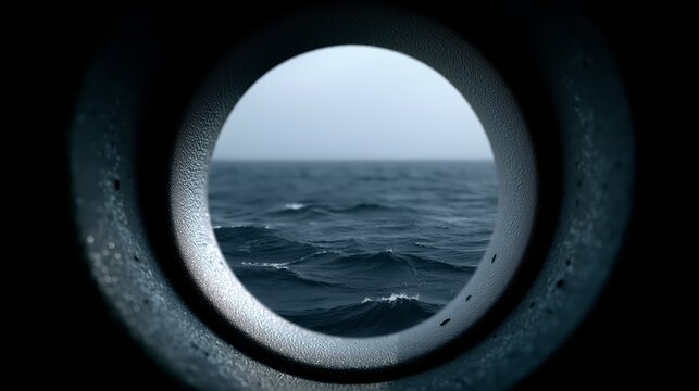 A moody, focused view of dark ocean waves and a hazy horizon as seen through a weathered, circular ship porthole, creating a framed effect.