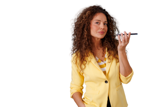 Woman sending or receiving an audio message on mobile phone, staying connected, using modern communication technology