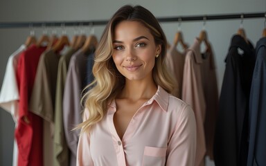 Photo of pretty dreamy girl professional popular blogger selling clothes broadcast on social network in studio. High quality