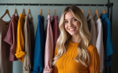 Photo of pretty dreamy girl professional popular blogger selling clothes broadcast on social network in studio. High quality