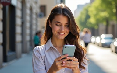 Attractive young caucasian brunette girl using smartphone in street. Model looks at camera, wears casual clothes. Leisure concept, online communication. High quality