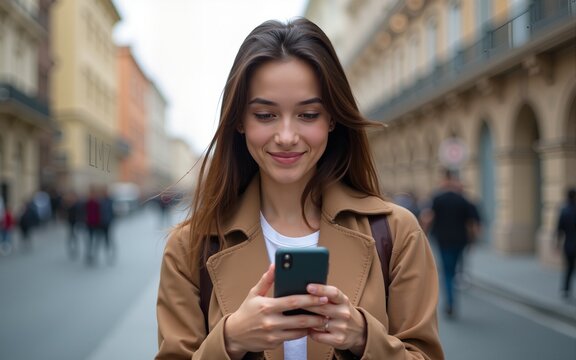 Attractive young caucasian brunette girl using smartphone in street. Model looks at camera, wears casual clothes. Leisure concept, online communication. High quality