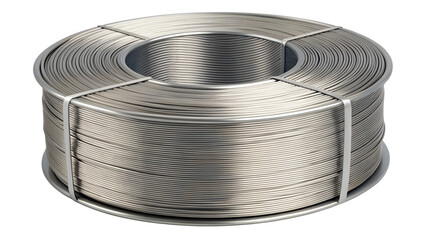 Roll of steel wire png | Spool of welding wire silver metal material for industrial manufacturing isolated on white background