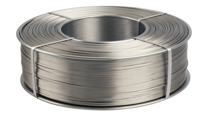 Roll of steel wire png | Spool of welding wire silver metal material for industrial manufacturing isolated on white background