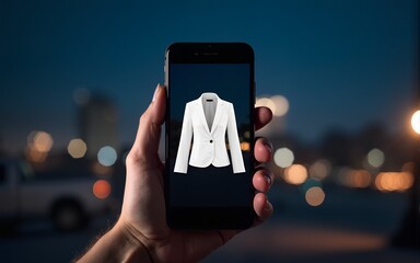 A hand holds a smartphone displaying a 3D model of a white jacket against a blurred city night background. High quality