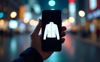 A hand holds a smartphone displaying a 3D model of a white jacket against a blurred city night background. High quality