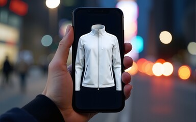 A hand holds a smartphone displaying a 3D model of a white jacket against a blurred city night background. High quality
