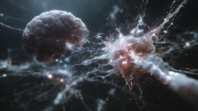 3D visualization of a futuristic brain neural network with glowing synapses, complex biological connections and soft cinematic lighting. Useful for AI, neurology, biotech and cognitive science concept