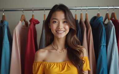 woman sell clothes in livestreaming. High quality