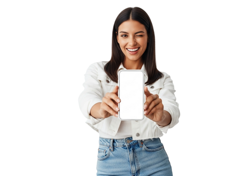 young woman holding a blank card