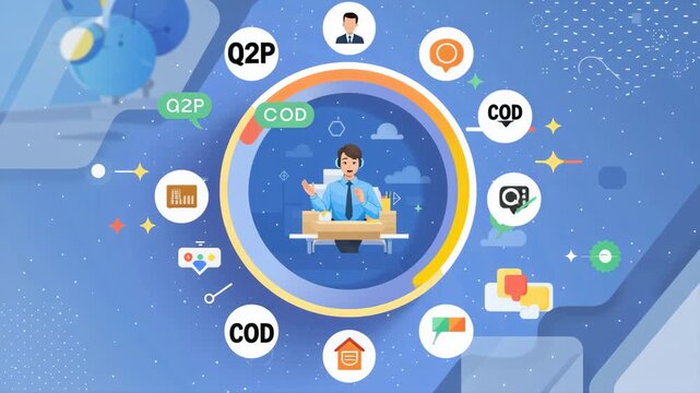 Modern flat illustration showing a businessman surrounded by icons related to data analysis, business process automation, and workflow optimization, emphasizing digital transformation.