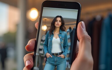 Smartphone virtual clothing try on feature using augmented reality technology with deep depth of field effect. High quality