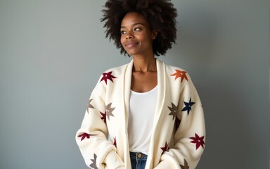 white wool cardigan print sweater, african american woman for online clothing store. High quality
